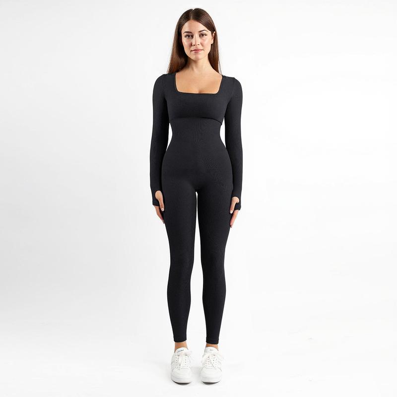 Womenswear Workout Solid Color U Neck Seamless Long Sleeve Yoga Jumpsuit,Jumpsuit for Daily Outdoor Wear,Plain Thumb Holes Sportswear