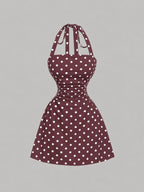 Women's Plain Ruched Tie Back Halter Neck Dress
