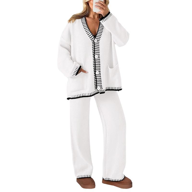 Women's 2 Piece Set Winter Knit Outfits Matching Loungewear Long Sleeve V Neck Cardigan Sweaters Wide Leg Pants Tracksuits