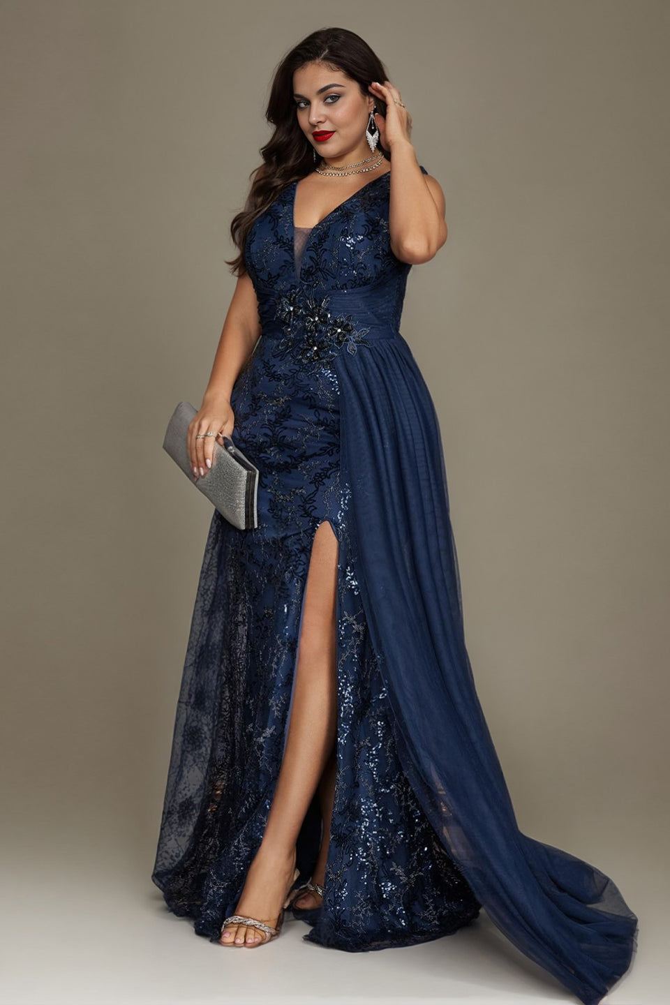 Curveins Plus Size V Neck Sleeveless Sequin Floral Side Tie Elegant Maxi Dress