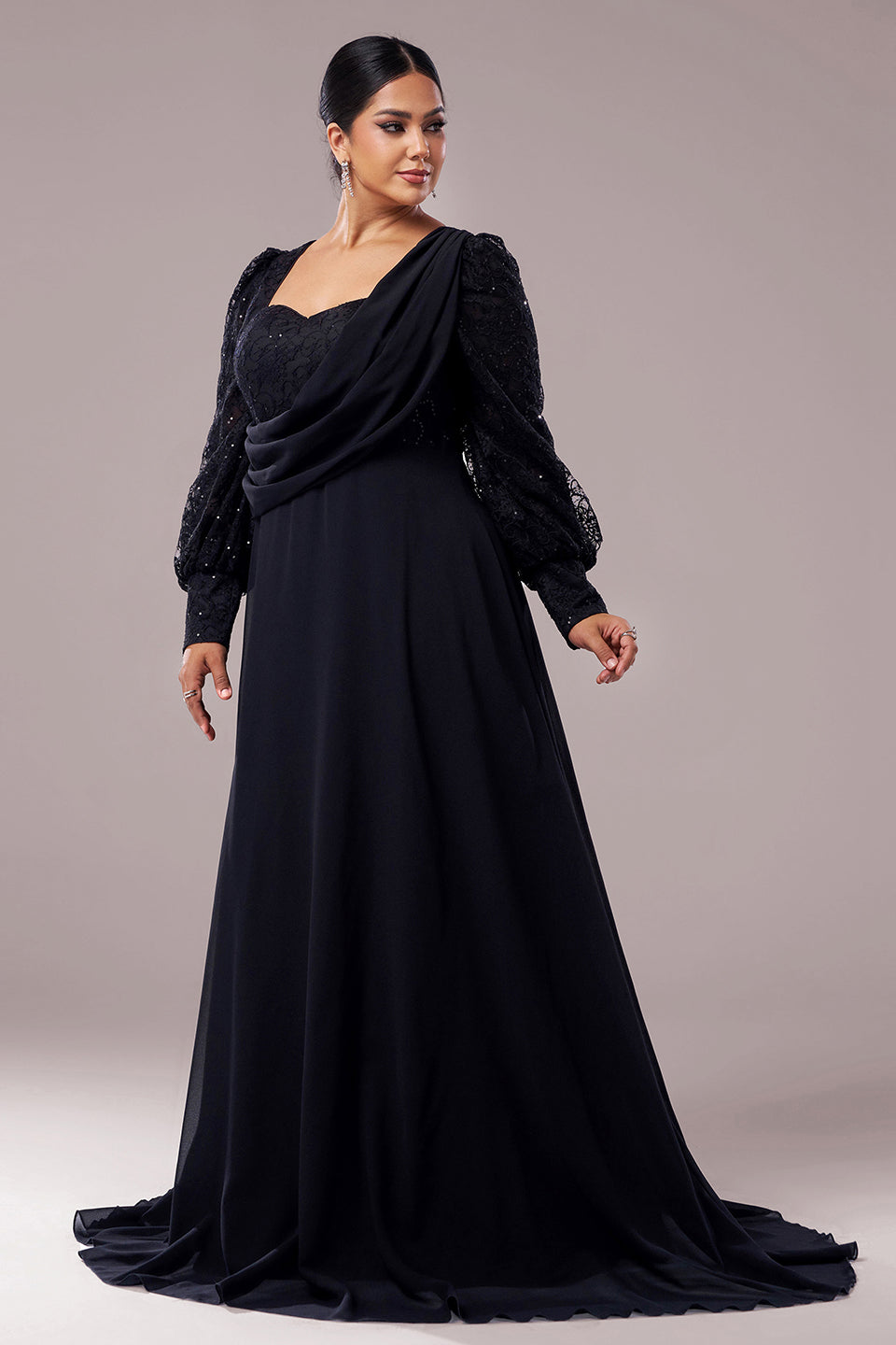 Curveins Plus Size V-Neck Long Sleeve Elegant Panel Maxi Dress