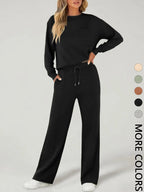 2 Piece Women's Casual Long Sleeve Pocket Sportswear Set, Stylish Wide Leg Athletic for All Seasons, Comfortable Fitted Fashion