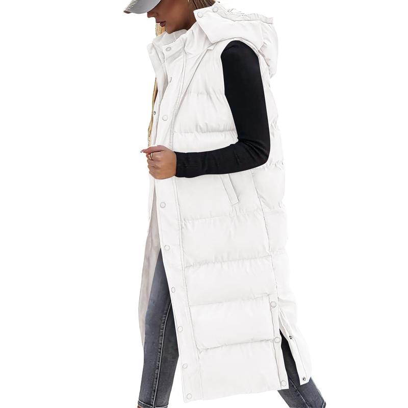 Women's Long Puffer Vest with Quilted Hood and Button Down Closure for Winter Coat 2025 - Tops, Womenswear