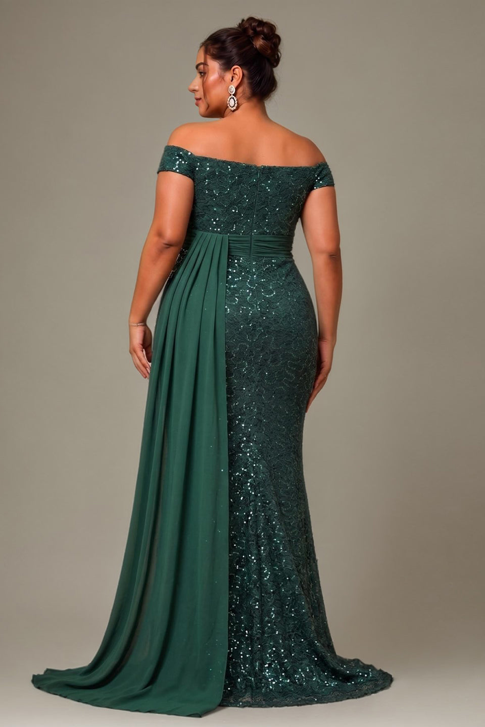 Curveins Plus Size Off Shoulder Sequin Waist Tie Elegant Evening Maxi Dress