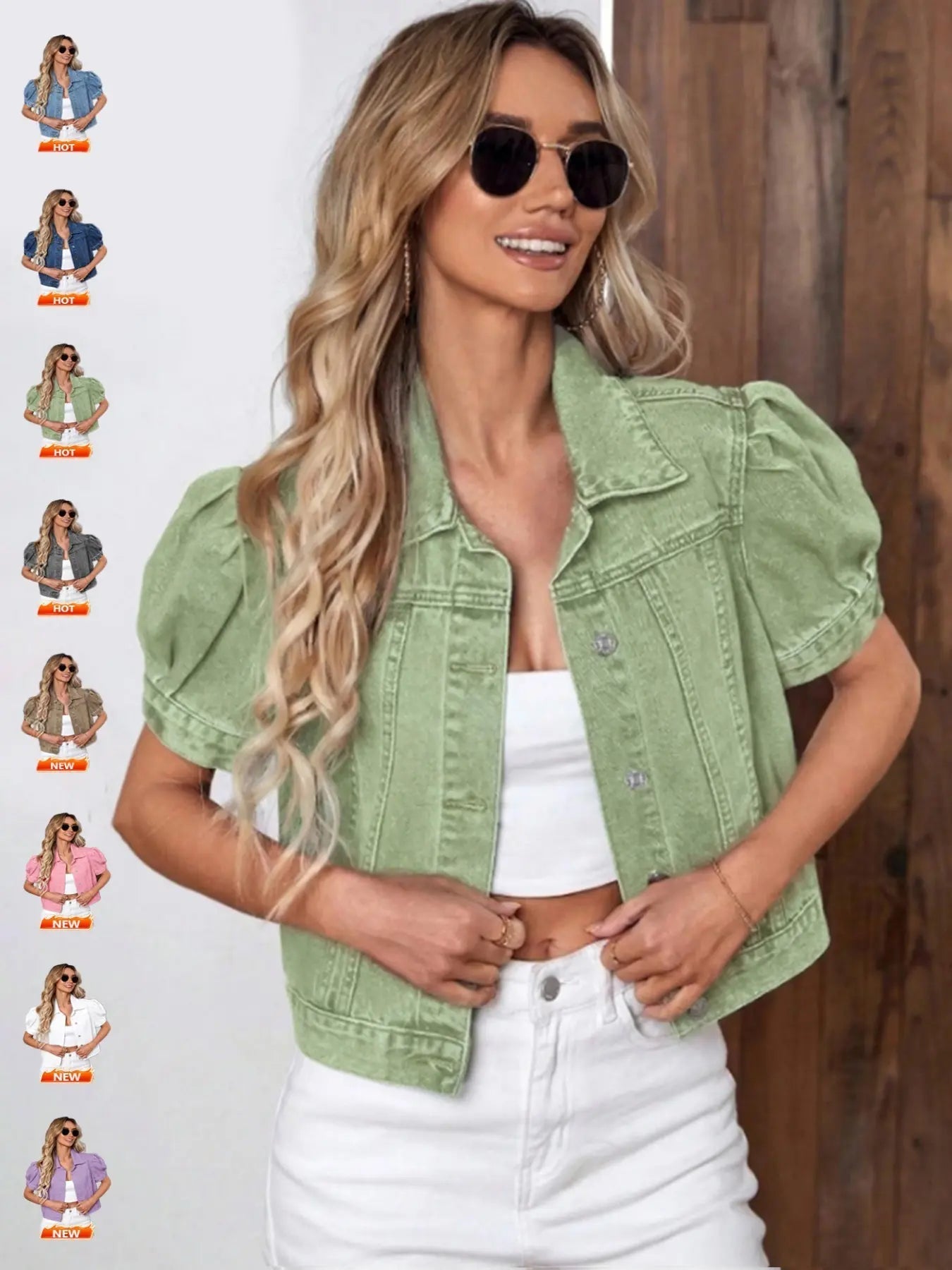Women's Vintage Bubble Sleeve Light Wash Denim Jacket, Summer Lightweight Thin High Waist Crop Top, Casual Fashionable Fit Short Cropped Jean Coat for Women