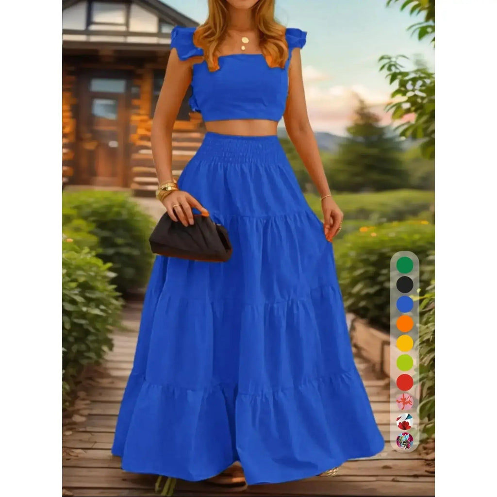 Women's Solid Color / Floral Print Shirred Top & Long Skirt Two-piece Set, Boho Fashion Casual Top & Skirt for Daily Holiday Vacation Wear, Ladies for Summer