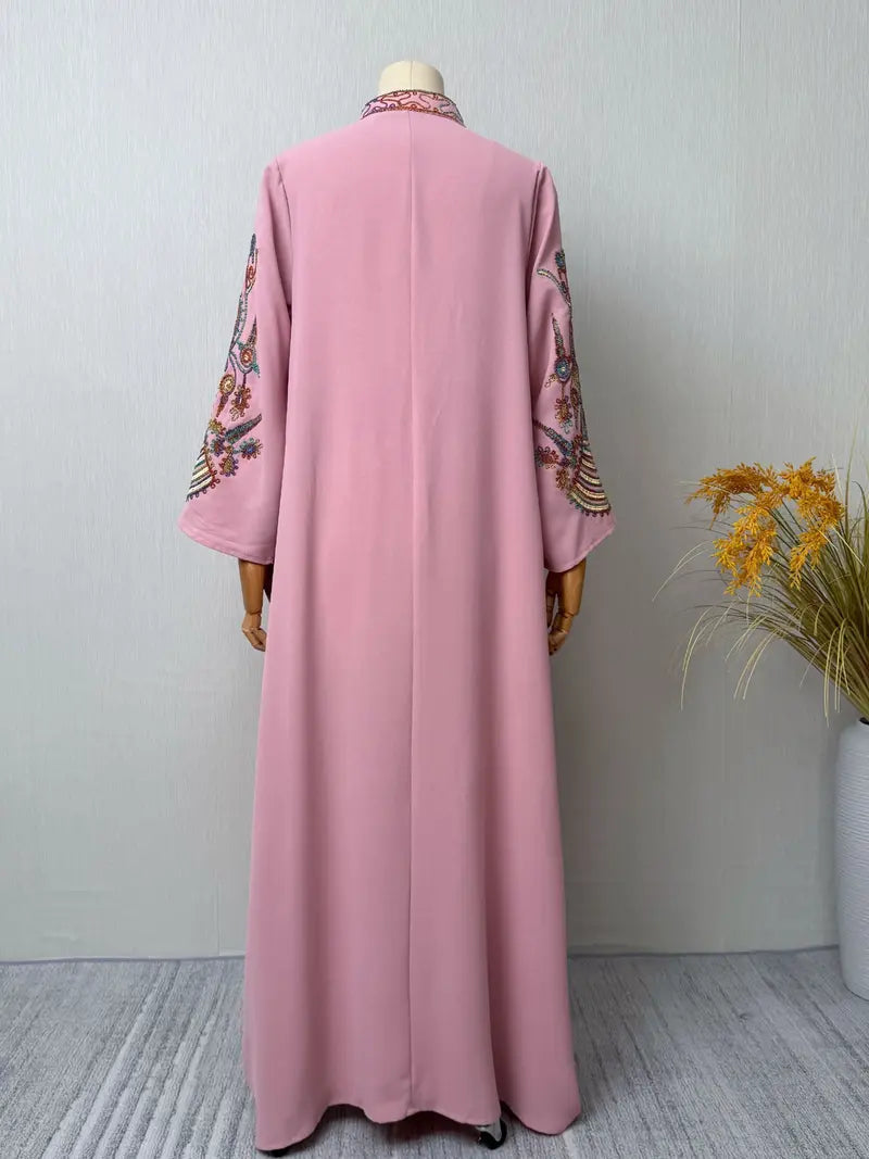 Elegant Muslim Women's Long Robe with Colorful Embroidery, Perfect for All Seasons, Stylish and Comfortable Clothing