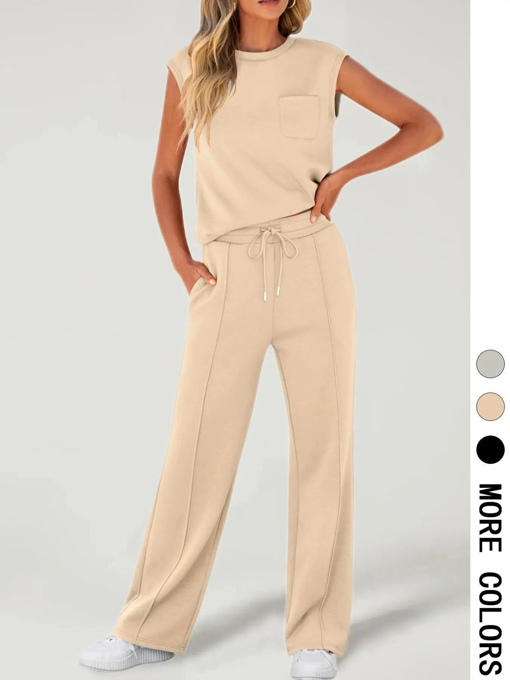 Women's Solid Tank Top & Drawstring Waist Pants Two-piece Set, Casual Sleeveless Round Neck Top & Trousers for Daily Wear, Ladies Two-piece Outfits for All Seasons