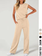 Women's Solid Tank Top & Drawstring Waist Pants Two-piece Set, Casual Sleeveless Round Neck Top & Trousers for Daily Wear, Ladies Two-piece Outfits for All Seasons