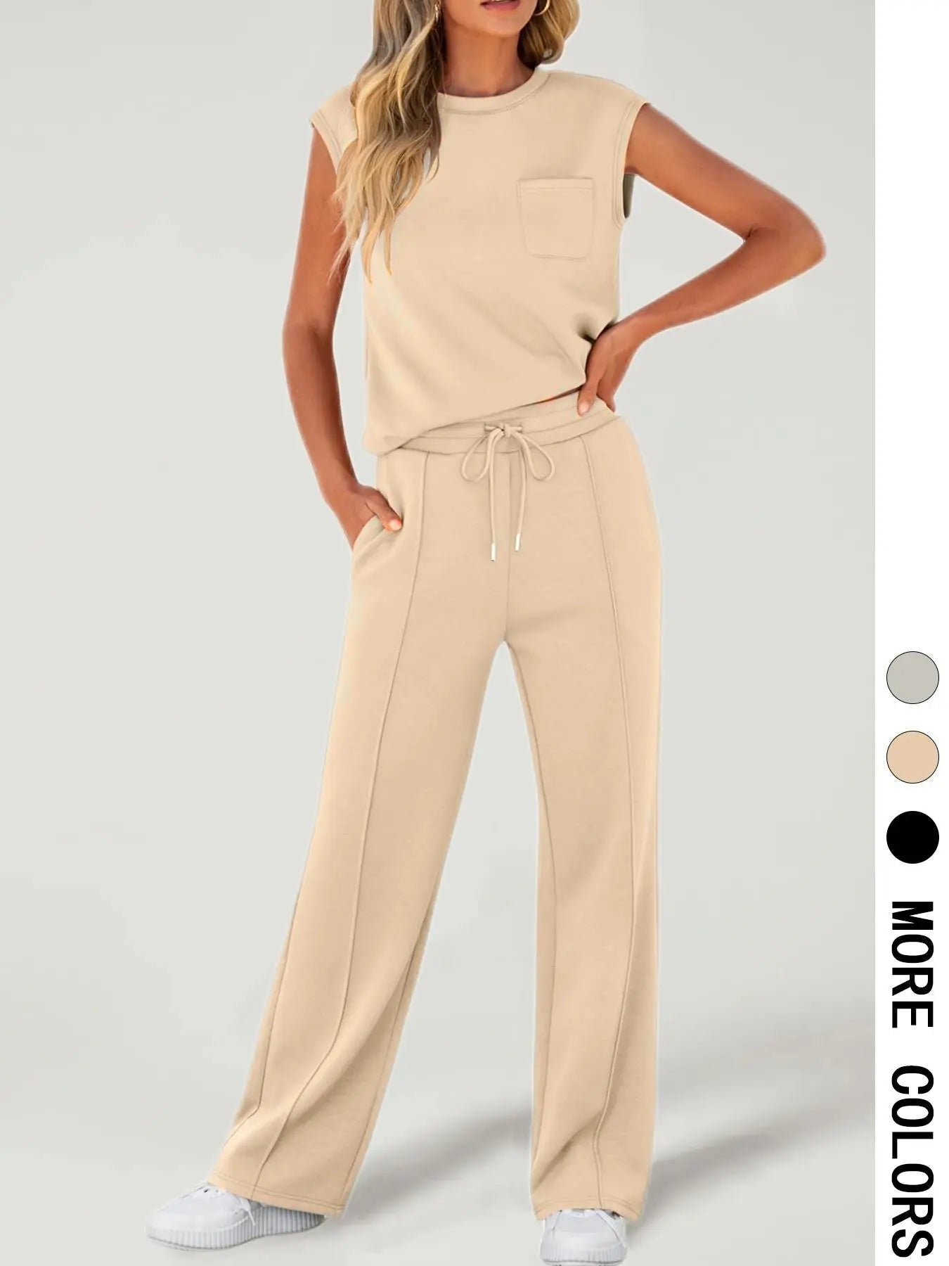Women's Solid Tank Top & Drawstring Waist Pants Two-piece Set, Casual Sleeveless Round Neck Top & Trousers for Daily Wear, Ladies Two-piece Outfits for All Seasons