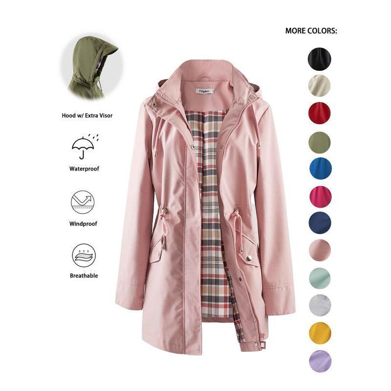 Women's Solid Color Drawstring Zip-Up Hooded Trench Coat Long Sleeve Waterproof Windproof Soft Comfortable Casual Outerwear Suitable For Spring Fall Daily Wear Outings
