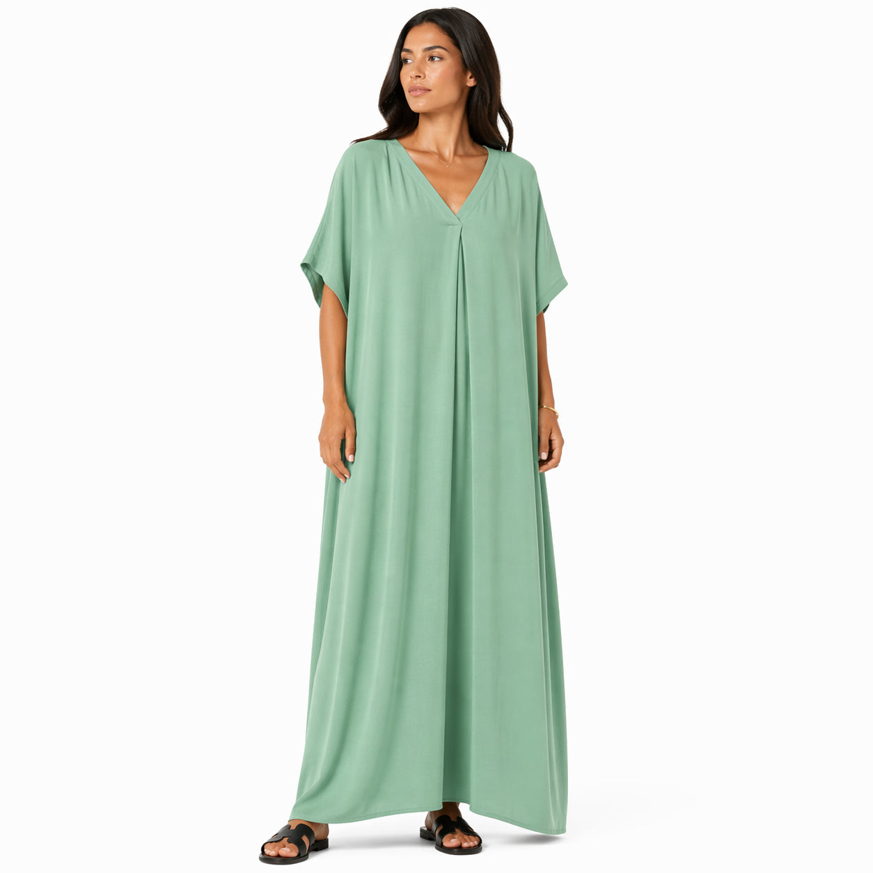 Women's long, flowy, oversized V-neck dress – chic and comfortable for summer.