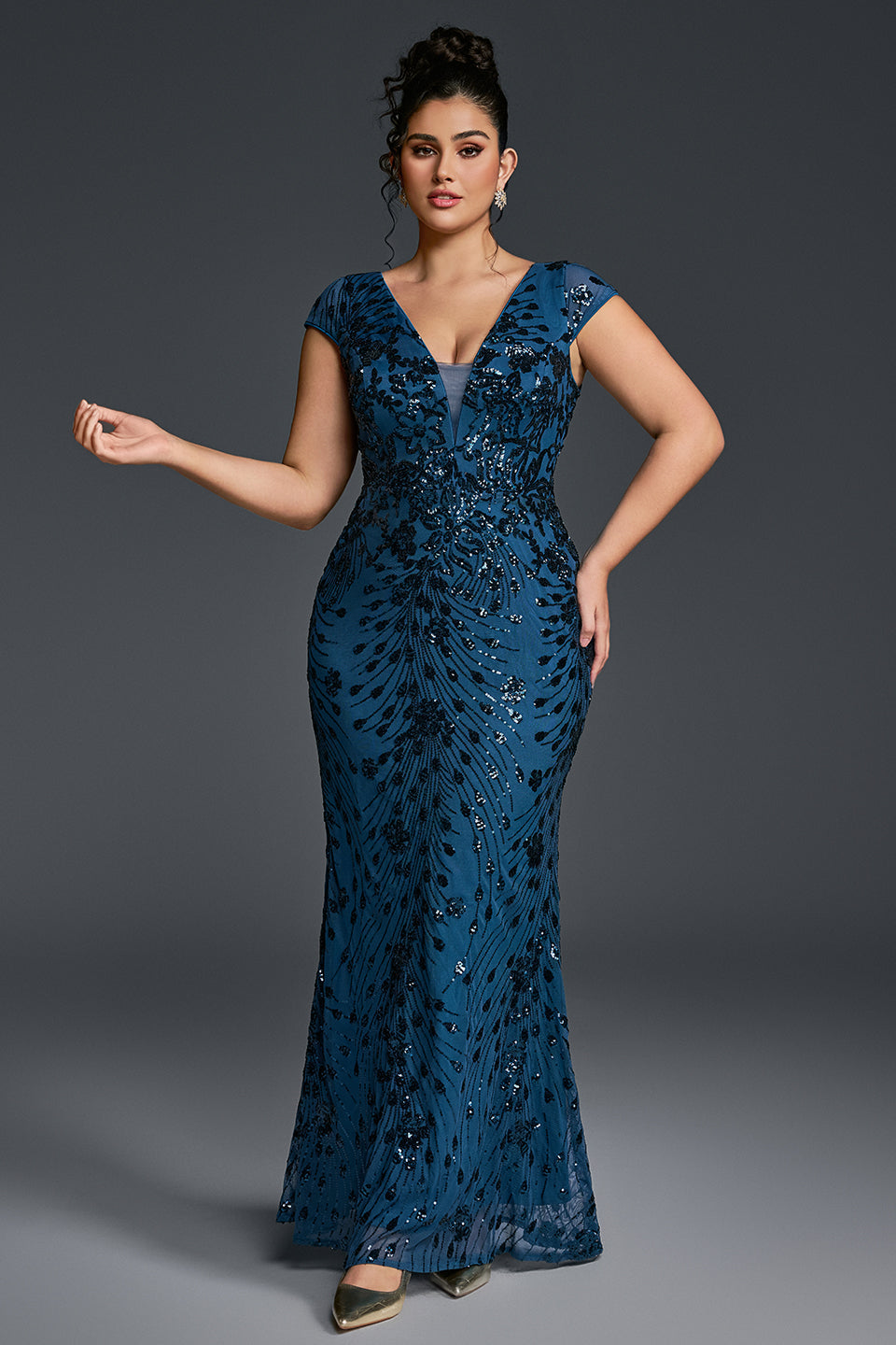 Curveins Plus Size V-neck and Waist Cinch Sequin Maxi Dress
