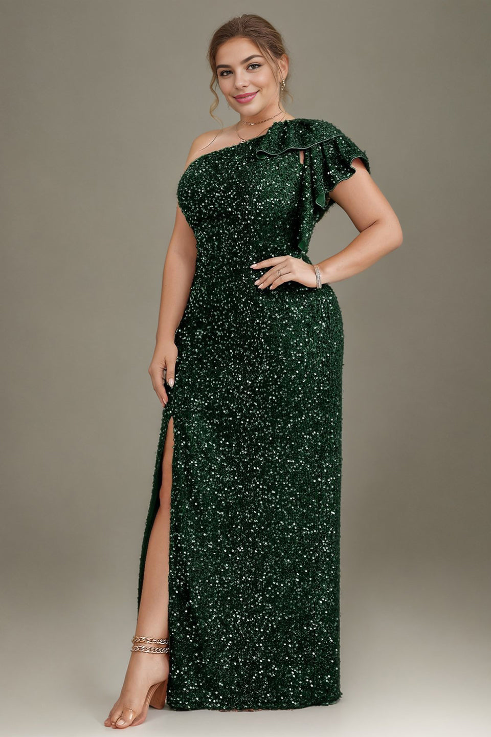 Curveins Plus Size  Sequin One Shoulder Formal Dress