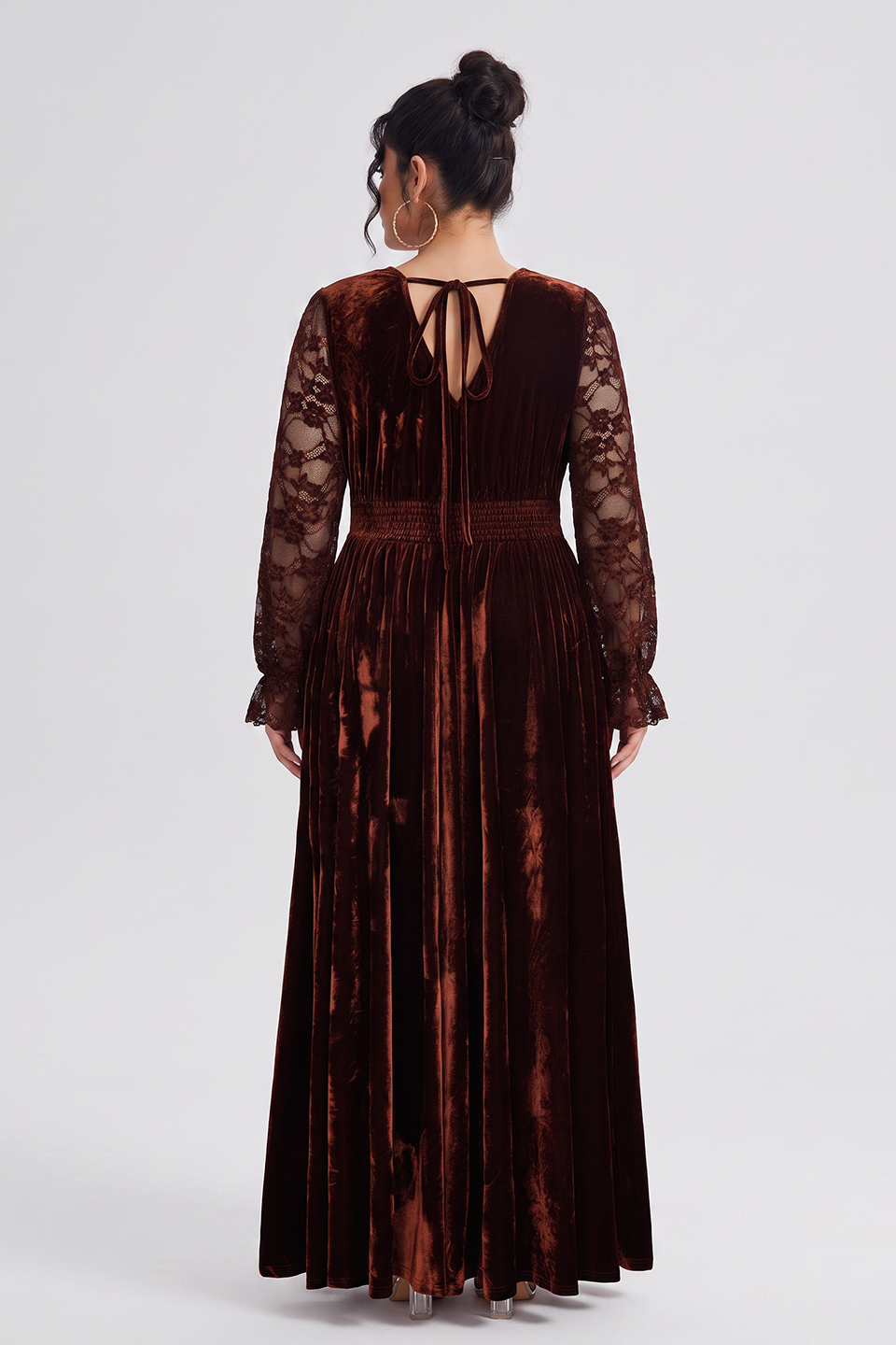 Curveins Plus Size Elegant V Neck Long Sleeve Ruched Waist Flowy Velet Maxi Dress