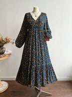 Plus Size Women's Floral Woven Dress, Fall Winter V Neck Tie Back Lace Trim Long Sleeve Maxi Dress, Casual Elegant Fashion