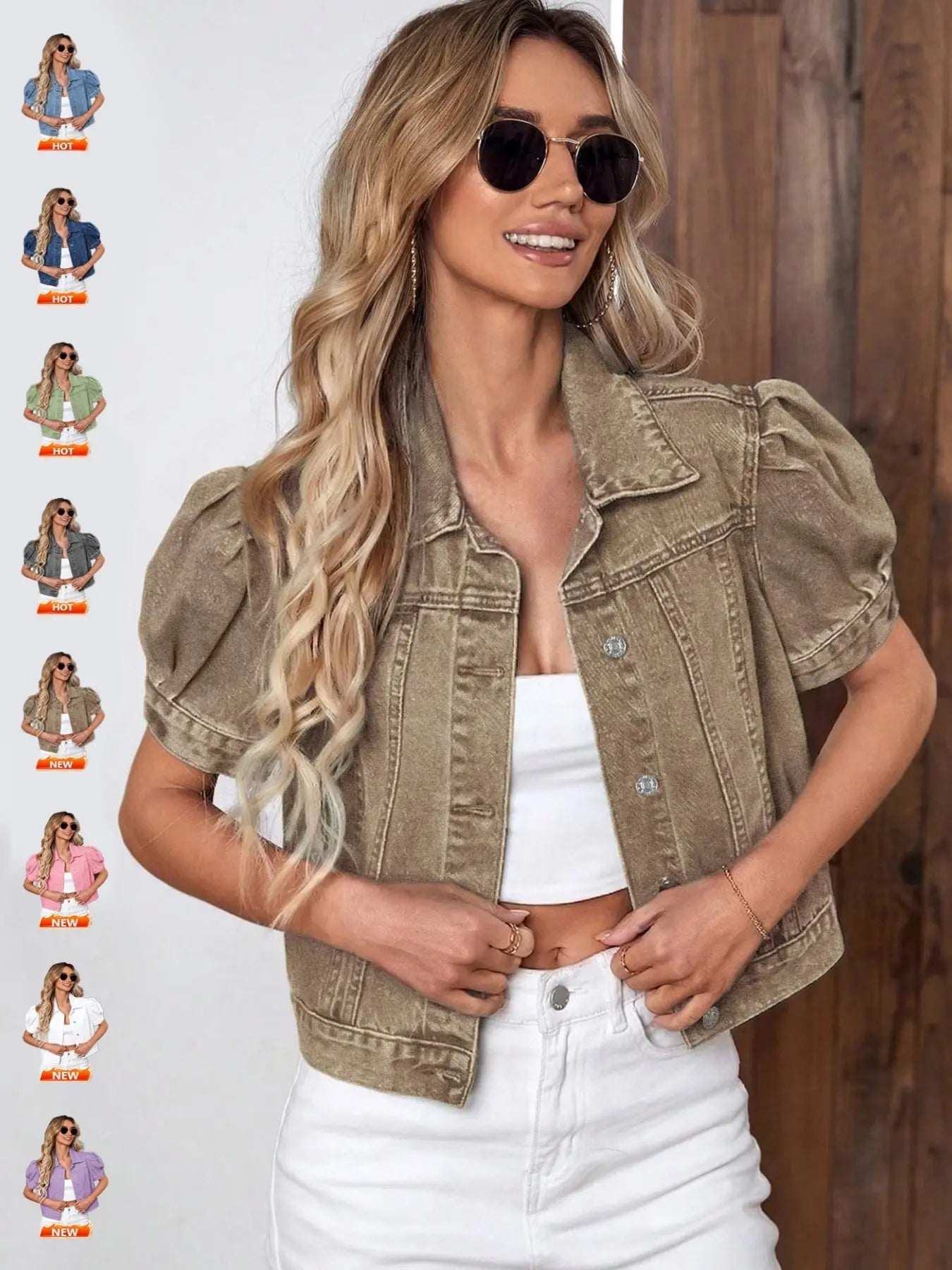 Women's Vintage Bubble Sleeve Light Wash Denim Jacket, Summer Lightweight Thin High Waist Crop Top, Casual Fashionable Fit Short Cropped Jean Coat for Women