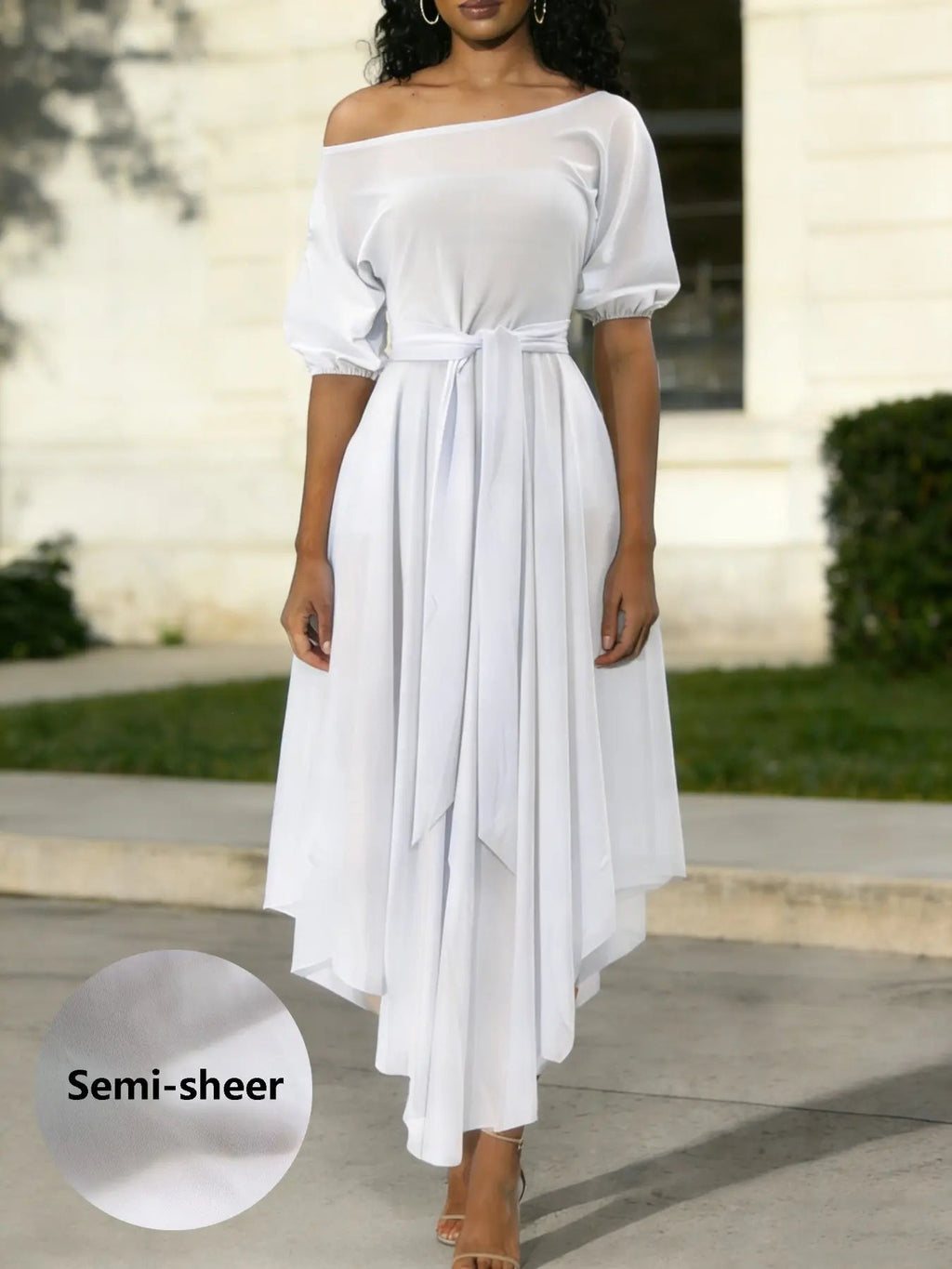 Women's Plain Belted Split Boat Neck Dress