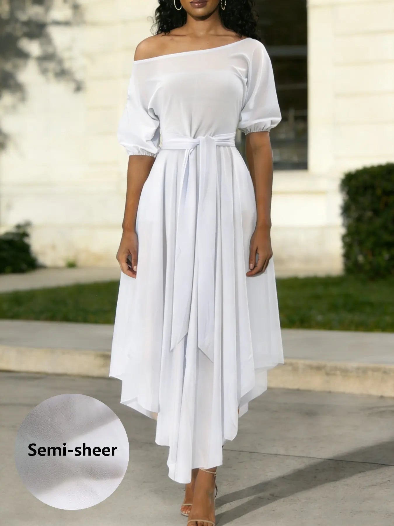 Women's Plain Belted Split Boat Neck Dress