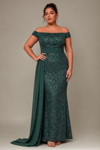 Curveins Plus Size Off Shoulder Sequin Waist Tie Elegant Evening Maxi Dress