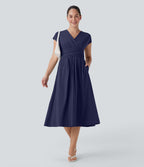 Casual midi dress, V-neck, short sleeves, side pockets, tie-back detail, quick-drying