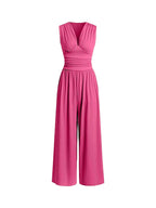 Women's Plain Ruched Deep V Neck Wide Leg Jumpsuit, Sleeveless Ribbed Jumpsuit for Daily Wear, Ladies Clothes for All Seasons, Casual Basic Jumpsuit, Casual Jumpsuits