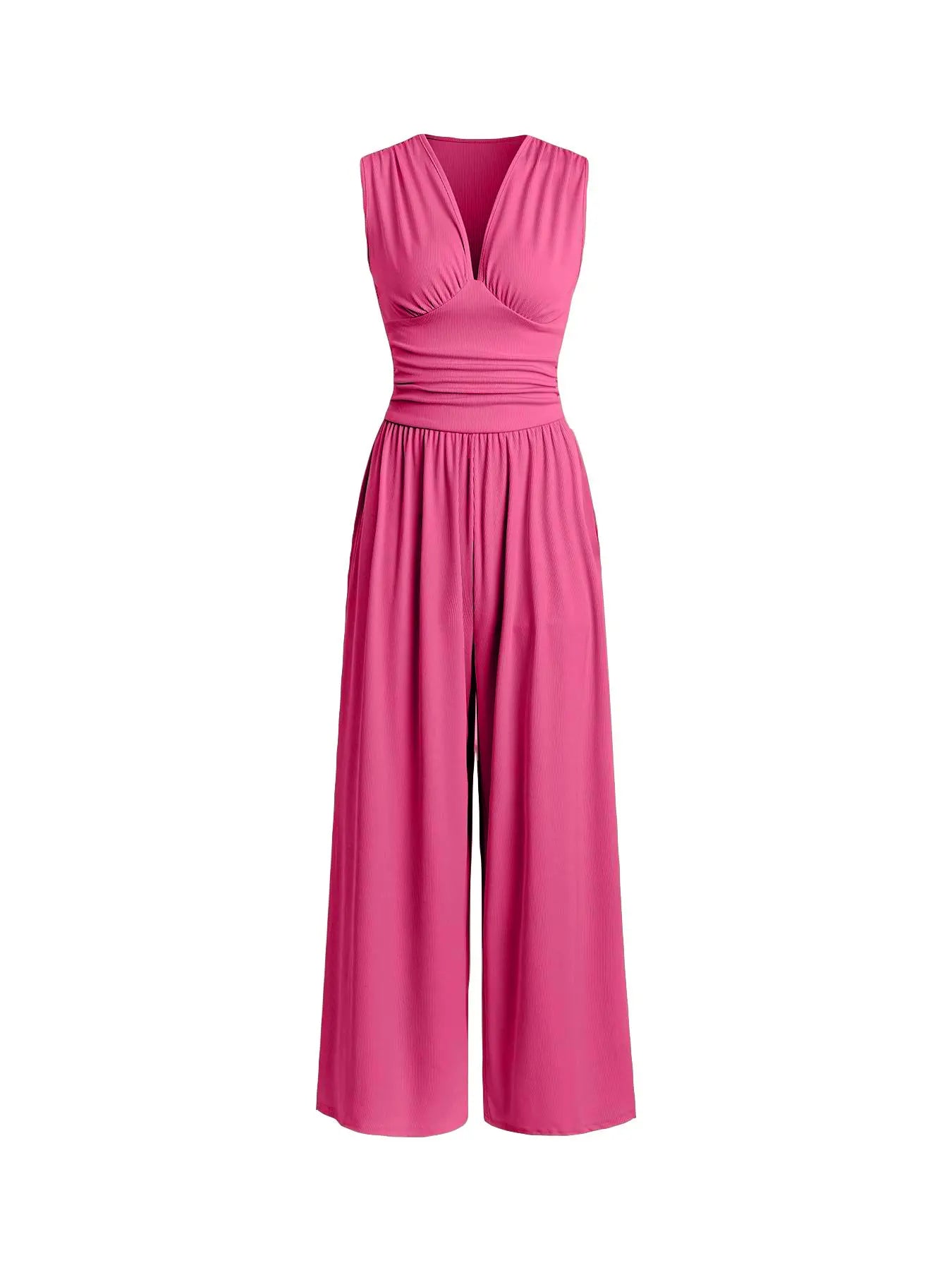 Women's Plain Ruched Deep V Neck Wide Leg Jumpsuit, Sleeveless Ribbed Jumpsuit for Daily Wear, Ladies Clothes for All Seasons, Casual Basic Jumpsuit, Casual Jumpsuits