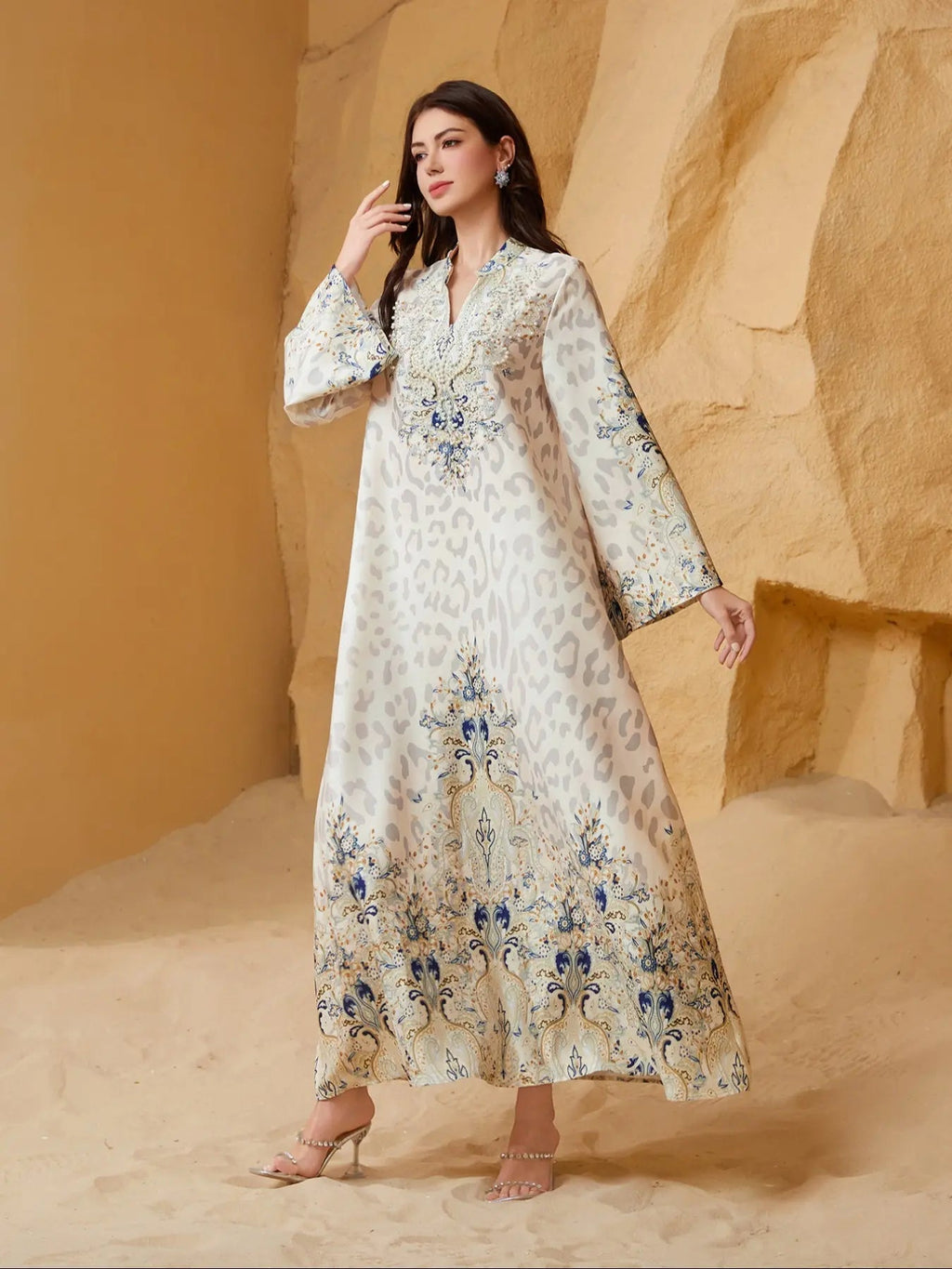 Women's Traditional Ethnic Pattern Faux Pearl Decor Long Dress, Boho Long Sleeve Round Neck Dress for Vacation Holiday Wedding Guest, Ladies Muslim Clothing for All Seasons