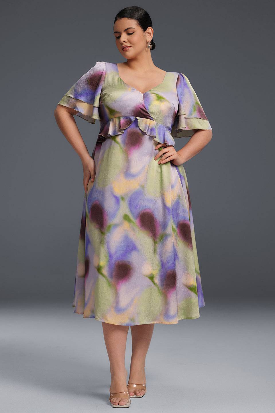 Curveins Plus Size V-Neck Double-Layered Ruffle Sleeve Maxi Dress