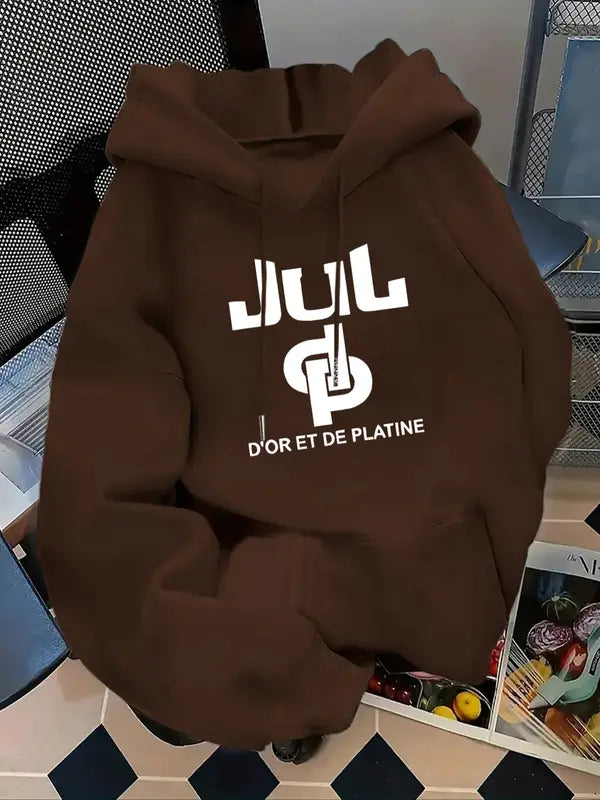Women's Letter Print Hoodie, Casual Long Sleeve Hooded Sweatshirt for Fall & Winter, Women's Clothes for Daily Wear