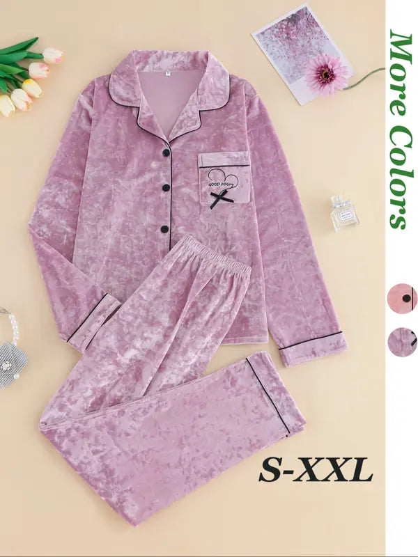 Women's Elegant Winter Pajama Set, Fitted Long Sleeve Button-Up Top & Warm Pants, Comfortable Home Wear for Cold Weather
