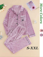 Women's Elegant Winter Pajama Set, Fitted Long Sleeve Button-Up Top & Warm Pants, Comfortable Home Wear for Cold Weather