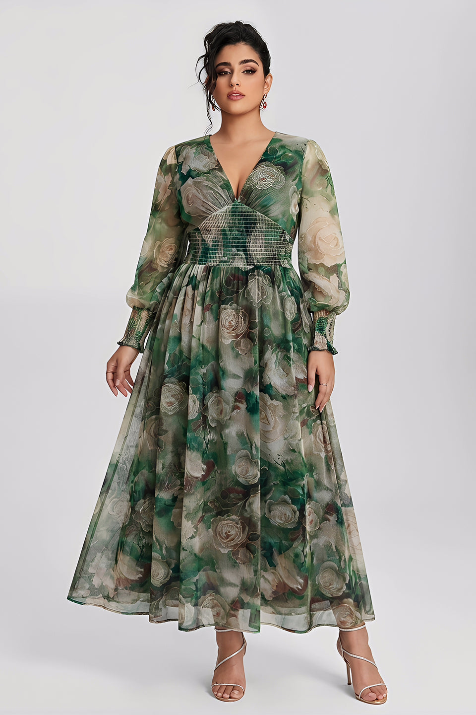 Curveins Plus Size V Neck Long Sleeve Floral Waist Maxi Dress