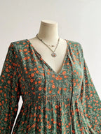 Plus Size Women's Floral Woven Dress, Fall Winter V Neck Tie Back Lace Trim Long Sleeve Maxi Dress, Casual Elegant Fashion