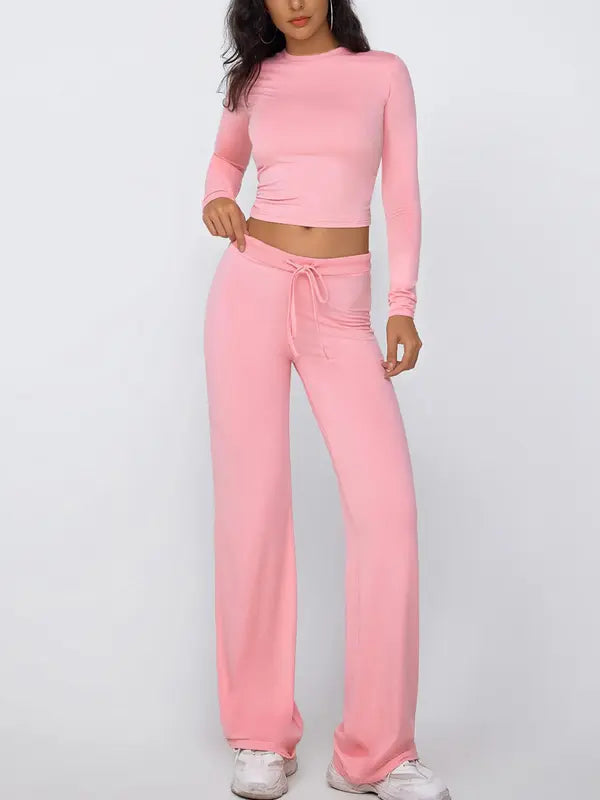 Women's Solid Ruched Drawstring Loungewear Set, Casual Long Sleeve Round Neck Top & Pocket Wide Leg Trousers, Ladies Sleepwear for All Seasons