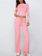 Women's Solid Ruched Drawstring Loungewear Set, Casual Long Sleeve Round Neck Top & Pocket Wide Leg Trousers, Ladies Sleepwear for All Seasons
