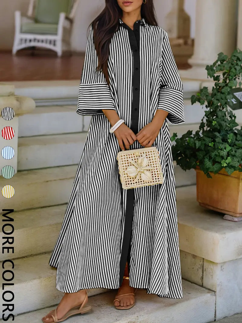 Elegant Women's Loose Collared Button Front Striped Shirt Dress