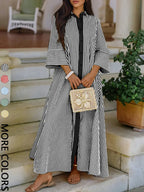 Elegant Women's Loose Collared Button Front Striped Shirt Dress