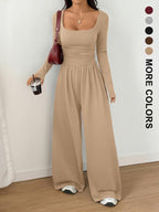 Women's Fall Winter Knit Wide Leg Jumpsuit, Casual Fashion Plain Color Round Neck One-Piece, Versatile Long Sleeve Romper
