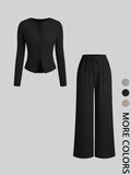Women's Fall Winter Casual Slim-Fit Long Sleeve Round Neck Top & Pants Set, Plain Pattern Moderate Fabric, Two-Piece