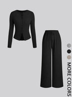 Women's Fall Winter Casual Slim-Fit Long Sleeve Round Neck Top & Pants Set, Plain Pattern Moderate Fabric, Two-Piece