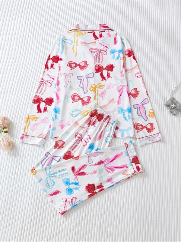 Two-piece Set Women's Bow Print Button Front Pocket Shirt & Elastic Waist Pants Pajama, Casual Comfy Long Sleeve Lapel Neck Top & Trousers Pj Set