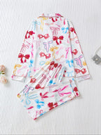 Two-piece Set Women's Bow Print Button Front Pocket Shirt & Elastic Waist Pants Pajama, Casual Comfy Long Sleeve Lapel Neck Top & Trousers Pj Set