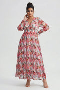 Curveins Plus Size V Neck Long Sleeve Floral Waist Maxi Dress