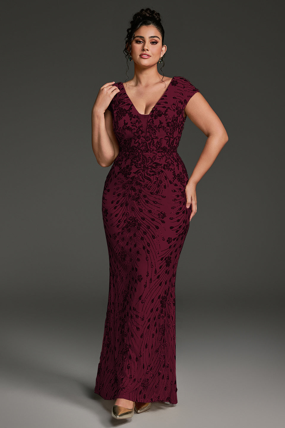 Curveins Plus Size V-neck and Waist Cinch Sequin Maxi Dress