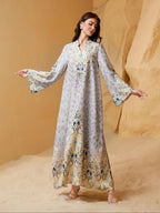 Women's Traditional Ethnic Pattern Faux Pearl Decor Long Dress, Boho Long Sleeve Round Neck Dress for Vacation Holiday Wedding Guest, Ladies Muslim Clothing for All Seasons