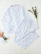 Two-Piece Set Women's All Over Bow Print Button Front Shirt & Pants Pyjama, Casual Comfy Long Sleeve Lapel Neck Top & Trousers PJ Set, Women's Sleepwear for Spring & Fall