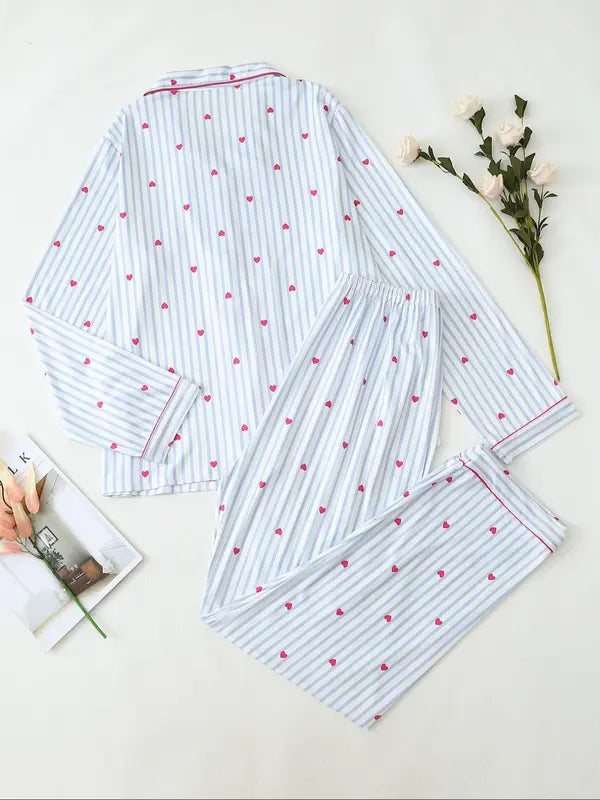 Two-Piece Set Women's All Over Bow Print Button Front Shirt & Pants Pyjama, Casual Comfy Long Sleeve Lapel Neck Top & Trousers PJ Set, Women's Sleepwear for Spring & Fall