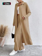 Women's Solid Button Front Shirt & Wide Leg Pants Two-piece Set, Casual Drop Shoulder Long Sleeve Top & Trousers Set, Women's Clothes for Daily Wear