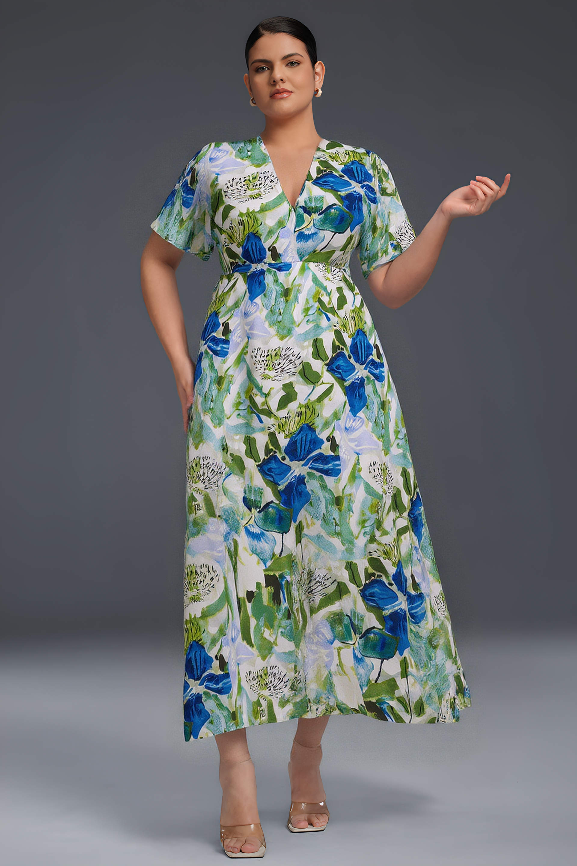 Curveins Plus Size V-Neck Batwing Sleeve Patterned Floral Maxi Dress